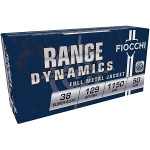 Fiocchi .38 Super Auto 129gr FMJ ammunition box, 50 rounds
