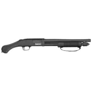 Mossberg 590S Shockwave 12 Gauge pump-action shotgun with matte blued metal and black synthetic Shockwave birdshead grip