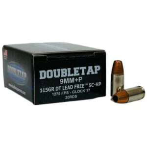 Double Tap DT Lead Free 9mm+P handgun ammunition box showing 20-count and solid copper projectiles