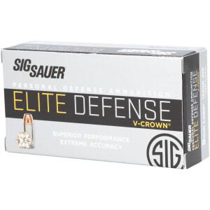 Sig Sauer Elite V-Crown 9mm Jacketed Hollow Point ammunition box and cartridges