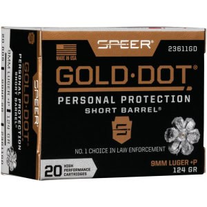 Speer Gold Dot 9mm Luger +P 124 gr Gold Dot Hollow Point Short Barrel 20 rd box
