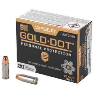 Speer Gold Dot 25 ACP 35 grain jacketed hollow point 20-round box