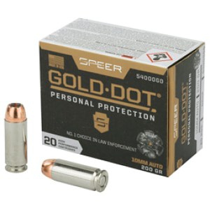 Speer Gold Dot 10mm 200gr Hollow Point ammunition box and cartridges