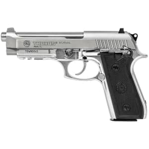 Taurus PT92 9mm stainless pistol with 5-inch barrel and checkered black rubber grips