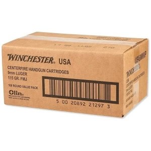 Winchester USA 9mm 115 gr FMJ 1000-round bulk ammunition case (5 boxes of 200)