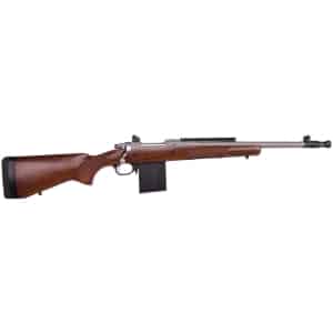Ruger Gunsite Scout .308 rifle matte stainless finish with walnut stock, right-side view