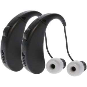 Walkers Ultra Ear BTE hearing enhancers 22 dB NRR rechargeable 2-pack in black with foam tips