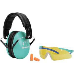 Walkers youth/women folding earmuff and shooting glasses combo in black and teal