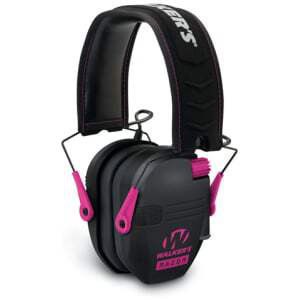 Walkers Razor Slim electronic earmuffs in black with pink accents, low-profile over-the-head design