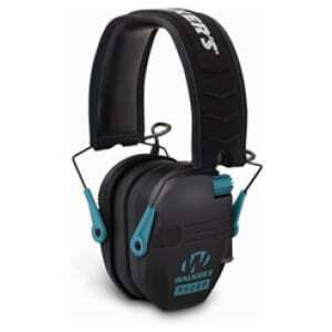 Walkers Razor Slim electronic earmuff in black with teal accents, NRR 23 dB