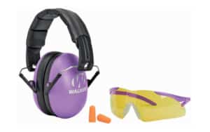 Walkers youth and women purple folding earmuffs with yellow-lens safety glasses and foam earplugs
