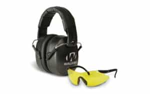 Walkers EXT Range folding muff kit with orange foam ear plugs and clear polycarbonate sport glasses