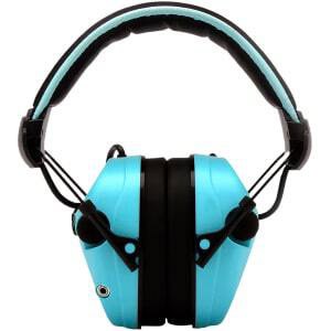 Pyramex Sentinel electronic earmuff powder blue and black over-the-head with fold-away padded headband