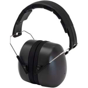 Pyramex gray over-the-head earmuffs with foam cups and 26 dB NRR