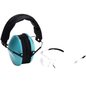 Pyramex VGCOMBO410 clear safety glasses with rubber temple tips and powder blue low-profile earmuffs