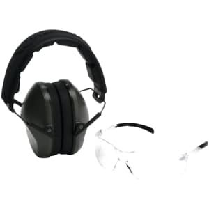 Pyramex VGCOMBO310 clear wraparound safety glasses with OD green 24 dB earmuffs