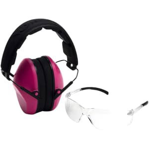 Pyramex VGCOMBO210 clear safety glasses with rubber temple tips and pink low-profile 24 dB earmuffs