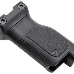 Strike Industries Angled Vertical Grip Long black polymer mounted on 1913 Picatinny rail showing cable management cavity