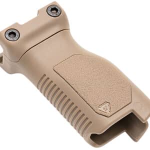 Strike Industries Angled Vertical Grip Long in Flat Dark Earth mounted on an M-LOK handguard