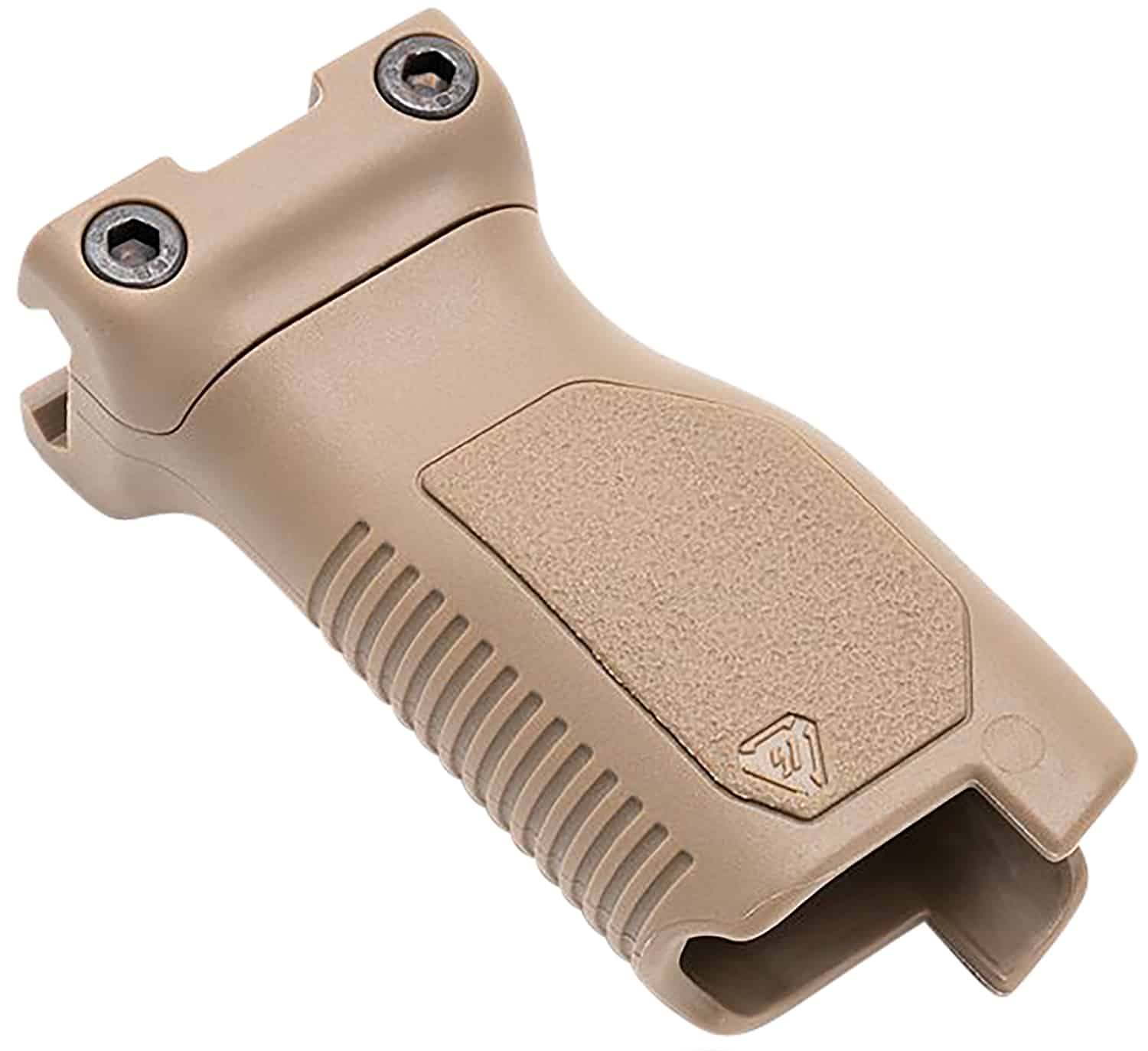 Strike Industries Angled Vertical Grip Long in Flat Dark Earth mounted on an M-LOK handguard