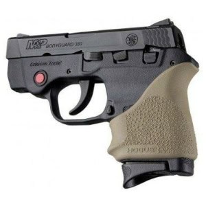 Hogue HandAll Beaver Grip Sleeve Fde fitted on compact pistol, compatible with S&W Bodyguard 380 and Taurus TCP