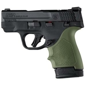 Hogue HandAll beavertail handgun grip sleeve for S&W M&P 9 Shield Plus in olive drab green