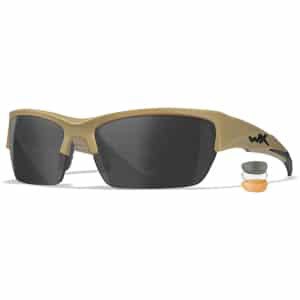Wiley X Valor CHVAL06T safety glasses with Smoke Gray/Clear/Light Rust lenses and Matte Tan semi-rimless frame