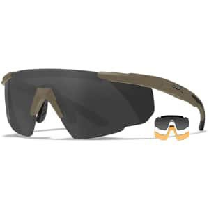 Wiley X 308T Saber Advanced shooting glasses with matte tan frame and smoke/clear/light rust polycarbonate lenses