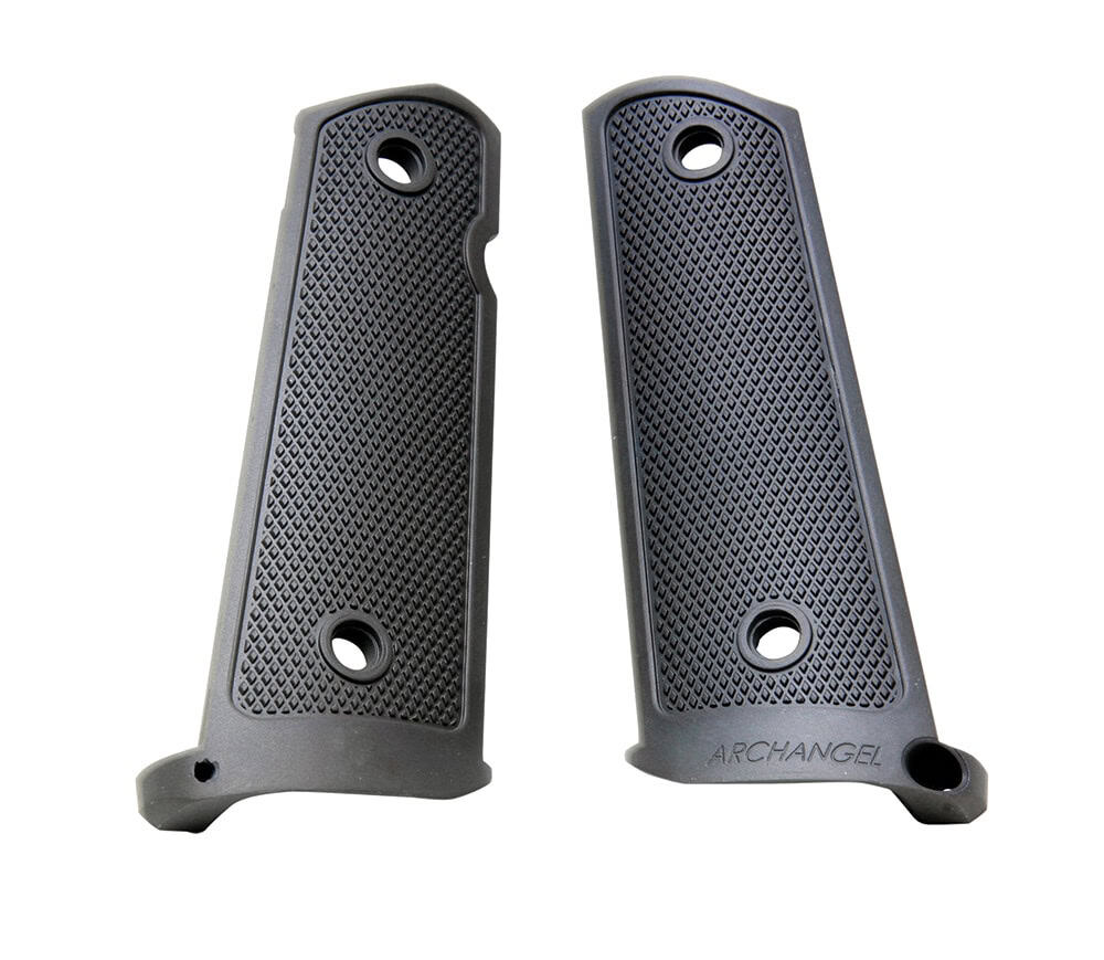 Archangel AA108 black anodized aluminum grip panels with integral mag-well funnel for 1911