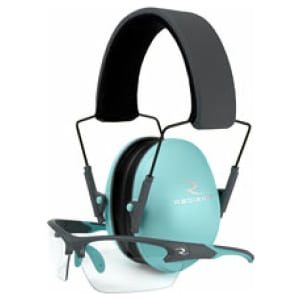 Radians Lowset Ladies Range Combo ear muffs with G4 junior clear shooting glasses, charcoal gray frame with aqua accents