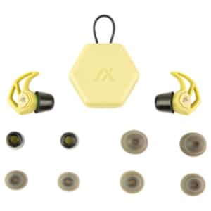 AXIL X30i Desert Tan dual-mode earplugs with toggle switch and multiple foam and silicone tips