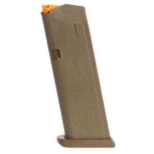 Glock G19 15-round magazine with FDE floor plate and orange follower