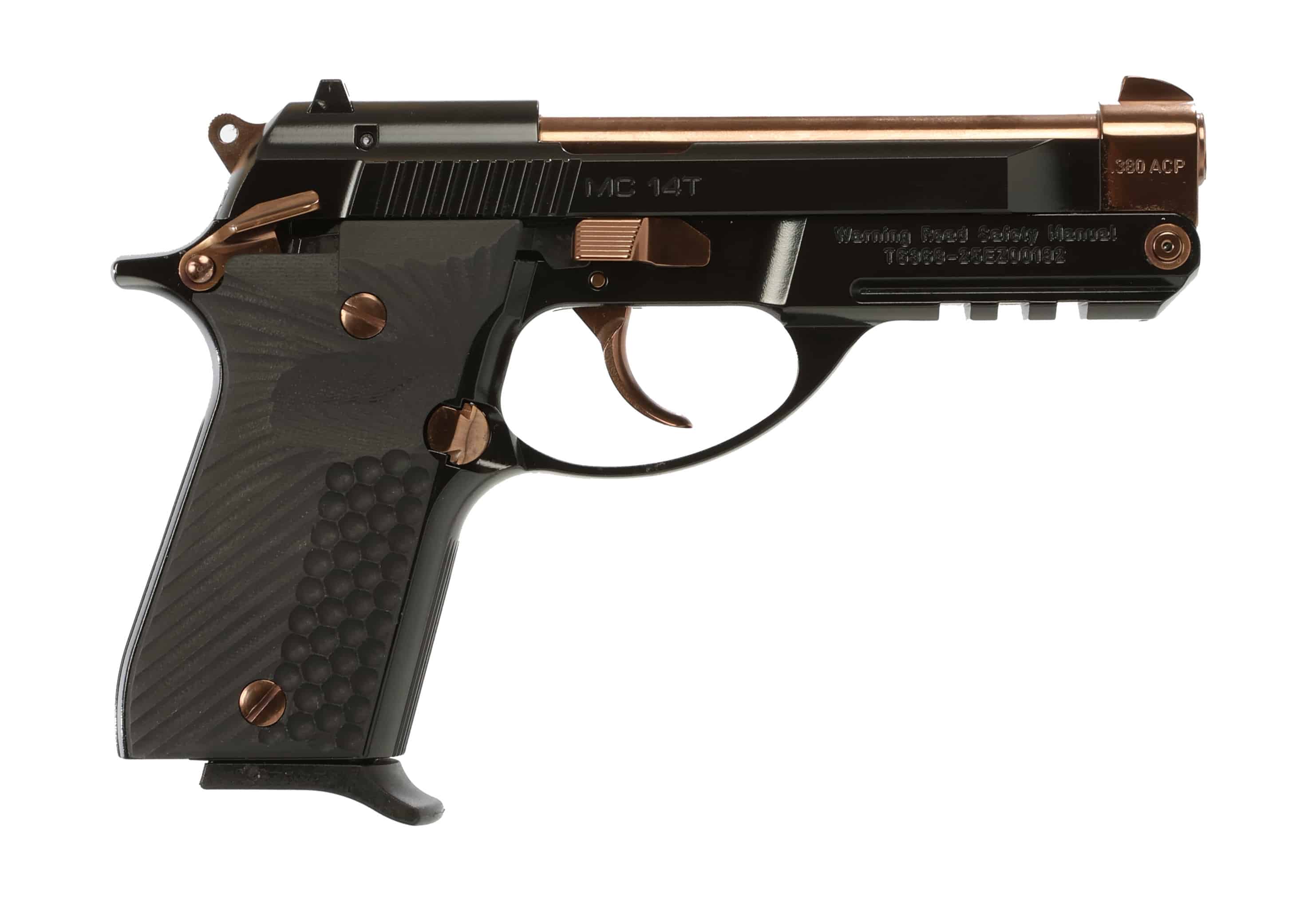 EAA Girsan MC14T .380 ACP pistol with rose gold controls, gloss black frame and G10 grips