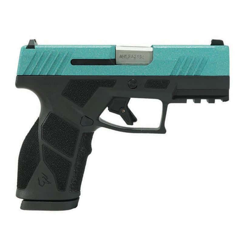 Taurus GX2 Robin's Egg Blue Glitter 9mm handgun with black polymer frame and custom slide