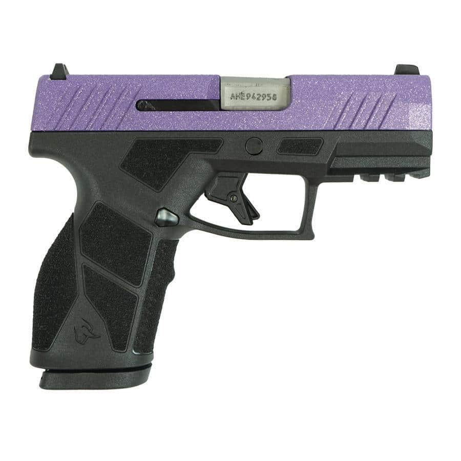 Taurus GX2 Purple Sparkle 9mm handgun right-side view, black polymer frame and custom purple sparkle slide
