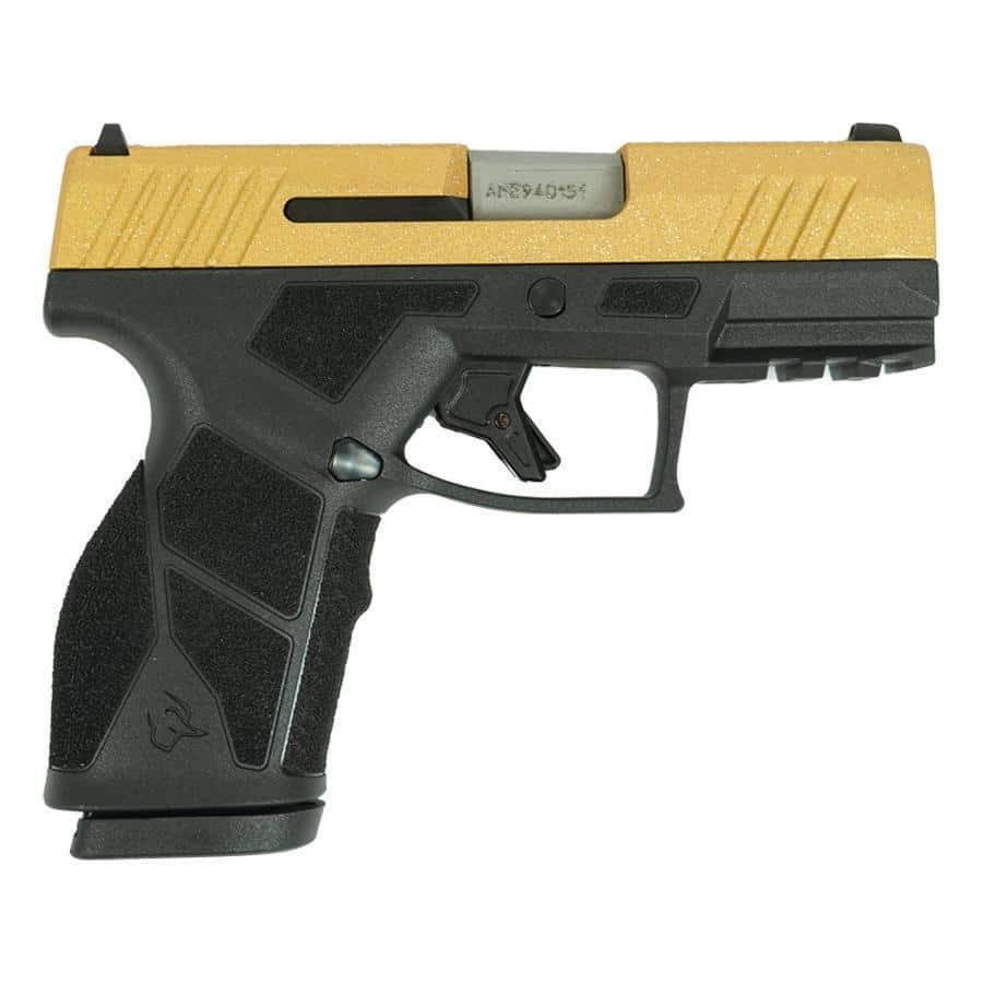 Taurus GX2 Gold Glitter 9mm handgun right-side view with black frame and custom gold glitter slide