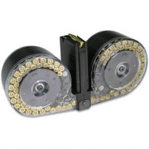 RWB 100-round dual drum AR-15 magazine, black body with clear front