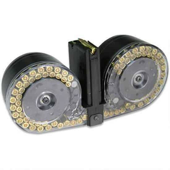 RWB 100-round dual drum AR-15 magazine, black body with clear front