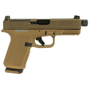 Ruger RXM 9mm handgun right-side view, 4.5in threaded barrel, black slide, tan Magpul Enhanced Handgun Grip
