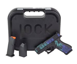Glock 43X 9mm Peacock Cerakote pistol with slide cuts and fixed sights