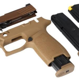 Sig Sauer CAL-X P320-M18 9mm conversion kit with coyote tan slide and grip, and three 10-round magazines