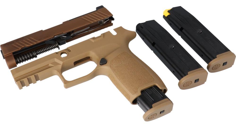 Sig Sauer CAL-X P320-M18 9mm conversion kit with coyote tan slide and grip, and three 10-round magazines