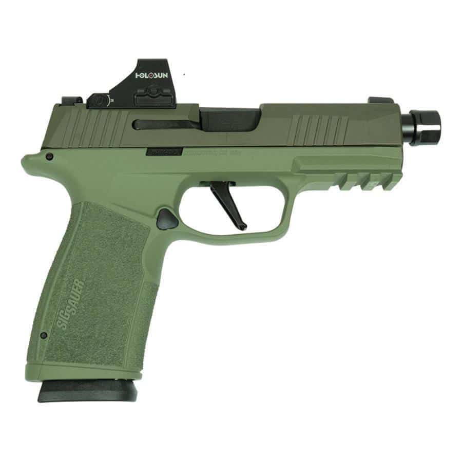 Sig Sauer P365 XMacro 9mm Luger two-tone green handgun right-side view with optic