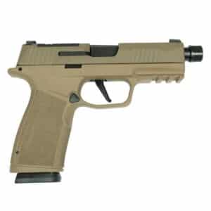 Sig Sauer P365 XMacro 9mm two-tone tan handgun with 3.7 inch barrel and two 17-round magazines