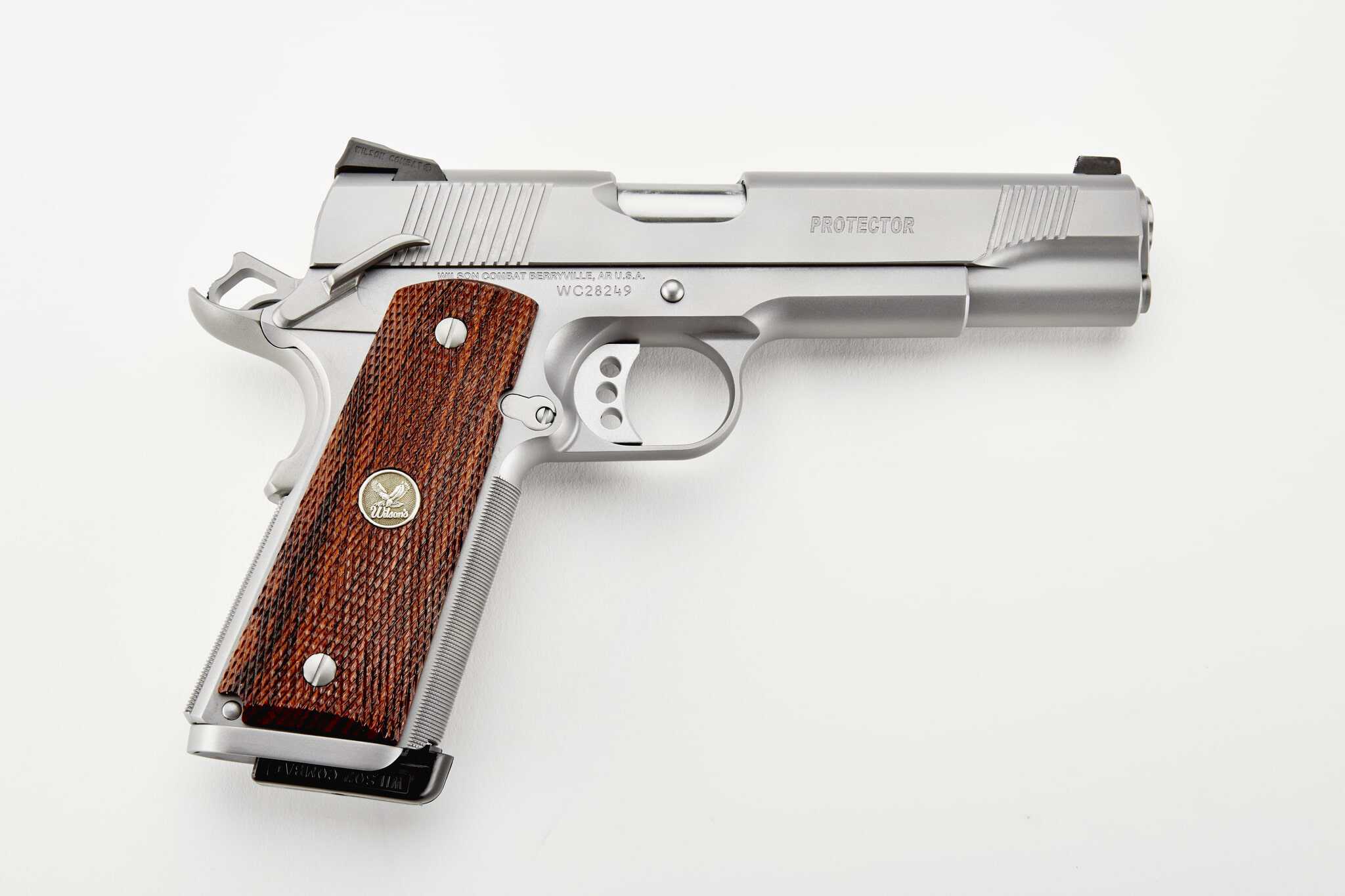 Wilson Combat Protector CA-compliant .45 ACP 5 inch stainless pistol with coco bolo grips and tritium night sights