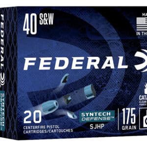 Box of Federal Syntech Defense .40 S&W 175 gr 20-round ammunition