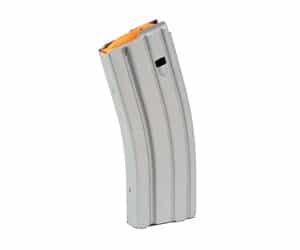DuraMag Speed 30-round aluminum AR-15 magazine gray with orange anti-tilt follower