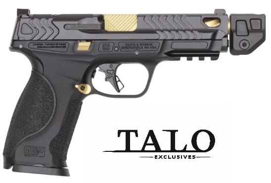 Smith & Wesson M&P9 M2.0 Metal 9mm pistol with 4.869in threaded barrel in black and gold finish