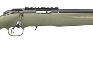 Ruger American Rimfire .22 LR rifle with 18-inch threaded satin blued barrel and green fixed synthetic stock, right-hand