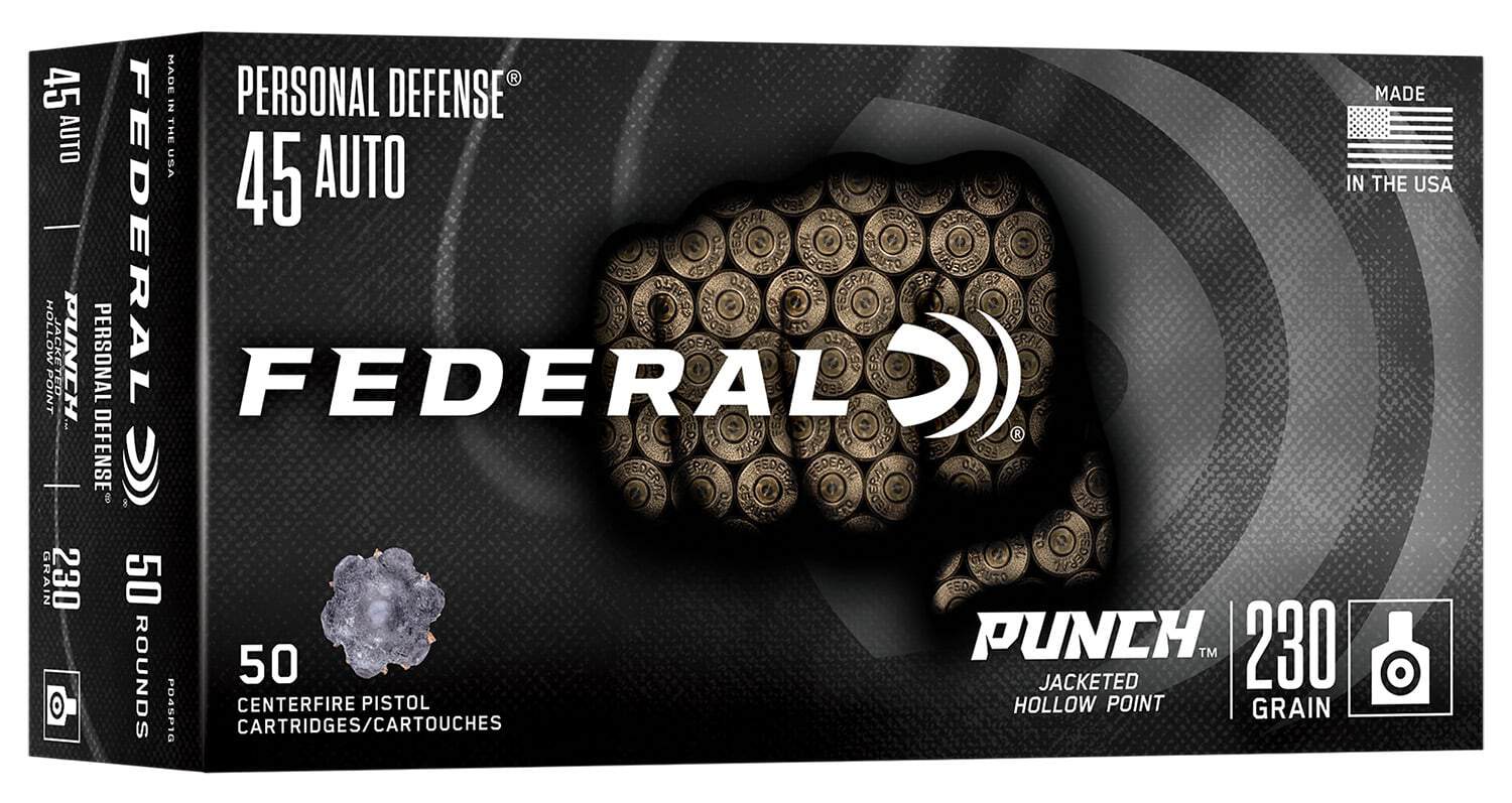 Box of Federal Punch .45 Auto 230gr JHP 50-round ammunition